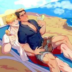 Rule 34 | 2boys, alternate costume, ao isami, bara, beach, beach umbrella, black hair, blonde hair, blush, clothes pull, cocktail, couple, day, facial hair, feet out of frame, highres, lewis smith, male focus, male swimwear, multiple boys, ocean, pectoral cleavage, pectorals, penis out, sand, shorts, shorts pull, shy, sideburns stubble, sitting, sitting on lap, sitting on person, stubble, sunsetcolorscat, swim trunks, thick eyebrows, twitching penis, umbrella, uncensored, yaoi, yuuki bakuhatsu bang bravern
