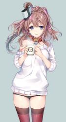 Rule 34 | 10s, 1girl, alternate costume, anchor, bare shoulders, black hat, black panties, blue eyes, blush, breasts, casual, character name, closed mouth, collarbone, cowboy shot, cup, disposable coffee cup, disposable cup, eyeliner, green background, hat, kaguyuzu, kantai collection, kerchief, long hair, long sleeves, looking at viewer, lowleg, lowleg panties, makeup, medium breasts, no pants, off-shoulder, off-shoulder sweater, off shoulder, panties, pink lips, ponytail, red thighhighs, saratoga (kancolle), simple background, sleeves pushed up, solo, standing, sweater, thighhighs, underwear, white sweater
