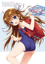 Rule 34 | 1girl, absurdres, arm up, ass, backpack, bag, blue eyes, blush, brown hair, chikotam, child, from behind, highres, long hair, looking back, one-piece swimsuit, open mouth, original, randoseru, ribbon, school swimsuit, smile, solo, swimsuit, thighs