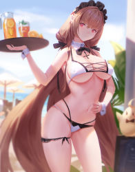 Rule 34 | 1girl, azur lane, beach umbrella, bikini, blurry, blurry background, bow, bowtie, breasts, brown hair, closed mouth, cup, day, detached collar, drinking glass, food, fruit, hair ribbon, hand on own hip, highres, holding, holding tray, large breasts, long hair, maid headdress, manjuu (azur lane), mole, mole under mouth, navel, official alternate costume, orange (fruit), orange slice, outdoors, pitcher (container), red eyes, ribbon, sansan (dongfangzhong111), skindentation, smile, solo, sunlight, swiftsure (azur lane), swiftsure (midsummer special service) (azur lane), swimsuit, thigh strap, tray, umbrella, very long hair, wrist cuffs