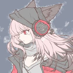 Rule 34 | 1girl, angry, animal ear fluff, animal ears, arknights, beanie, behind-the-head headphones, black hair, black hat, bonjirix, colored tips, commentary, dated, dirty, dirty face, fox ears, fox girl, frostleaf (arknights), frown, grey scarf, grey shirt, hat, hatching (texture), headphones, highres, implied extra ears, jacket, long hair, looking to the side, material growth, multicolored hair, open clothes, open jacket, oripathy lesion (arknights), pink hair, red eyes, red jacket, scarf, shirt, signature, solo, v-neck
