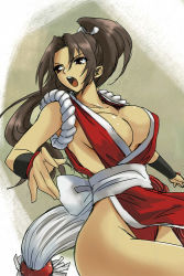 Rule 34 | 1girl, breasts, brown eyes, brown hair, cleavage, fatal fury, large breasts, long hair, michael f91, ninja, pelvic curtain, ponytail, revealing clothes, shiranui mai, snk, solo, the king of fighters, thighs