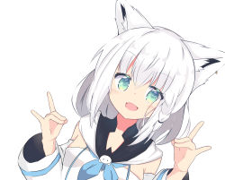 Rule 34 | 1girl, animal ears, blue neckerchief, blush, braid, commentary request, detached sleeves, earrings, fox ears, fox girl, fox shadow puppet, green eyes, hair between eyes, harudon, highres, hololive, hood, hoodie, jewelry, long hair, looking at viewer, md5 mismatch, neckerchief, open mouth, resolution mismatch, shirakami fubuki, shirakami fubuki (1st costume), simple background, single braid, solo, source smaller, virtual youtuber, white hair, white hoodie, white sleeves