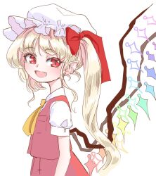 Rule 34 | 1girl, ascot, blonde hair, bow, commentary request, crystal wings, earrings, fang, flandre scarlet, from side, hair bow, hat, jewelry, looking at viewer, mob cap, open mouth, pocket, pointy ears, puffy short sleeves, puffy sleeves, red bow, red eyes, red skirt, red vest, s-a-murai, shirt, short hair, short sleeves, side ponytail, single earring, skirt, slit pupils, smile, solo, touhou, vest, white background, white hat, white shirt, yellow ascot