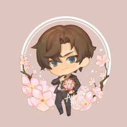 Rule 34 | 1boy, artem wing (tears of themis), blue eyes, blue jacket, blue necktie, blue pants, bouquet, branch, brown hair, character name, cherry blossoms, chibi, closed mouth, cwilocky, flower, formal, full body, holding, holding bouquet, jacket, long sleeves, looking at viewer, necktie, pants, polo shirt, shirt, short hair, smile, solo, tears of themis, white shirt