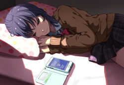 Rule 34 | 1girl, bed, cellphone, expressionless, green eyes, highres, iphone, lam (ramdayo), light, line (naver), long hair, lying, miniskirt, mole, mole under eye, on bed, on side, original, phone, pillow, plaid, plaid skirt, polka dot pillow, purple eyes, purple hair, school uniform, shade, skirt, smartphone, solo, suica, sunlight, sweater