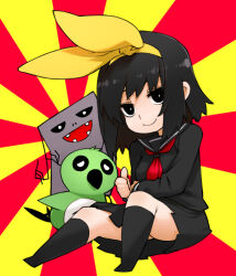 Rule 34 | 1girl, bird, black eyes, black hair, black sailor collar, black skirt, black socks, character request, closed mouth, commentary, copyright request, dameyo, green bird, happy, leaning to the side, looking at viewer, open mouth, red ribbon, ribbon, sailor collar, school uniform, simple background, sitting, skirt, smile, socks, sunburst, sunburst background, thumbs up, wings, yellow ribbon