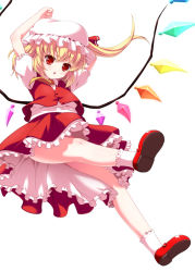 Rule 34 | 1girl, arms up, blonde hair, female focus, flandre scarlet, frills, gotou jin, hat, hat ribbon, red eyes, ribbon, side ponytail, solo, thighs, touhou, wings