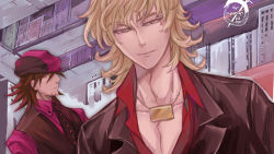 Rule 34 | 10s, 2boys, blonde hair, brown hair, dark persona, ebitetsu, facial hair, formal, jewelry, male focus, multiple boys, necklace, necktie, ouroboros, ourobunny, qgame, red eyes, stubble, suit, tiger &amp; bunny, vest, waistcoat