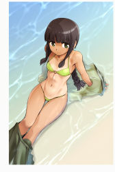 Rule 34 | 10s, 1girl, beach, bikini, bikini under clothes, blunt bangs, braid, breasts, brown hair, clothes down, clothes pull, ez6, green bikini, green eyes, highres, kantai collection, kantai collection (anime), kitakami (kancolle), long hair, navel, o-ring, o-ring top, off shoulder, one-piece tan, outdoors, sidelocks, sitting, skirt, skirt pull, small breasts, solo, swimsuit, swimsuit under clothes, tan, tanline, thigh gap, undressing, water