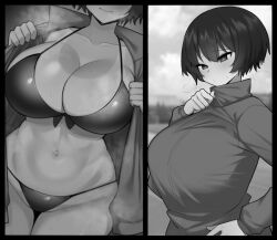 Rule 34 | 1girl, 3:, bikini, bikini under clothes, blush, breasts, cleavage, closed mouth, collarbone, cowboy shot, curvy, dutch angle, hug, huge breasts, jacket, jorin, large breasts, long sleeves, multiple views, navel, one-piece tan, open clothes, open jacket, outdoors, short hair, steaming body, sweat, swimsuit, tan, tanline, thigh gap, track jacket, undressing, wide hips
