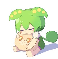 Rule 34 | 1girl, :3, animal, barefoot, blush stickers, closed eyes, closed mouth, commentary request, green hair, green shorts, hair between eyes, highres, holding, holding animal, konohoshi, leaning on animal, long hair, low ponytail, ponytail, puffy short sleeves, puffy sleeves, shadow, sheep, shirt, short sleeves, shorts, simple background, sitting, sleeping, solo, voicevox, white background, white shirt, zundamon
