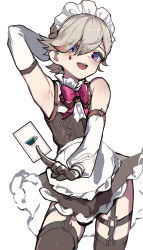 Rule 34 | 1boy, apron, arm up, armpits, blush, bow, bowtie, card, detached sleeves, garter straps, genshin impact, gloves, grey hair, highres, holding, holding card, looking at viewer, lyney (genshin impact), maid headdress, male focus, multicolored hair, open mouth, purple eyes, red bow, simple background, solo, streaked hair, teardrop facial mark, thighhighs, trap, waist apron, white background, yoruhachi