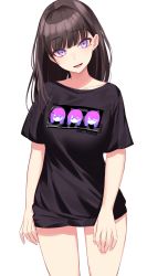 Rule 34 | 1girl, absurdres, black shirt, blunt bangs, brown hair, clothes writing, collarbone, earrings, hair intakes, highres, ichiki 1, jewelry, long hair, looking at viewer, mole, mole under eye, no pants, open mouth, original, purple eyes, shirt, simple background, smile, solo, white background