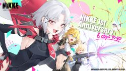Rule 34 | 3girls, black leotard, blonde hair, blue eyes, breasts, cleavage, closed mouth, confetti, countdown, drake (nikke), elbow gloves, energy cannon, gloves, goddess of victory: nikke, hand on own hip, highres, holding, holding weapon, laplace (nikke), leotard, looking at viewer, matis (nikke), maxwell (mechanic white) (nikke), maxwell (nikke), medium breasts, multiple girls, official art, ohisashiburi, open mouth, red eyes, second-party source, sideboob, smile, surprised, weapon, white hair