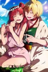 Rule 34 | 1boy, 1girl, :d, ^ ^, akishima kei, ali baba saluja, bad id, bad pixiv id, blonde hair, closed eyes, closed eyes, flower, grass, magi the labyrinth of magic, morgiana, one eye closed, open mouth, red eyes, red hair, short hair, side ponytail, smile
