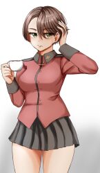 Rule 34 | 1girl, black skirt, brown hair, closed mouth, commentary, cowboy shot, cup, english commentary, frown, girls und panzer, gomi ningen (81848656), green eyes, hair over one eye, hand in own hair, highres, holding, holding cup, jacket, long sleeves, looking at viewer, military uniform, miniskirt, pleated skirt, red jacket, short hair, skirt, solo, st. gloriana&#039;s military uniform, standing, teacup, uniform, vanilla (girls und panzer), white background