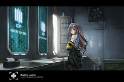 Rule 34 | 1girl, android, armband, bad id, bad pixiv id, black pantyhose, box, brown hair, cable, clothes pull, commentary request, first aid kit, girls&#039; frontline, hair between eyes, hair ornament, hin&#039;yari (kakukuru), hood, hooded jacket, indoors, jacket, jacket pull, letterboxed, long hair, looking at viewer, off shoulder, one side up, pantyhose, partial commentary, pliers, revision, scar, scar across eye, scar on face, scenery, scissors, screwdriver, sink, skirt, solo, tissue box, ump45 (girls&#039; frontline), yellow eyes