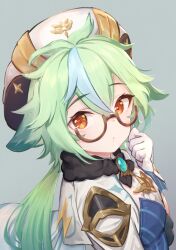 Rule 34 | 1girl, animal ears, aqua hair, blush, breasts, brown-framed eyewear, genshin impact, glasses, gloves, green hair, grey background, hair between eyes, hat, long hair, looking at viewer, multicolored hair, orange eyes, parted lips, simple background, small breasts, solo, streaked hair, sucrose (genshin impact), tomamatto, upper body, vision (genshin impact), white gloves