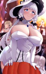 Rule 34 | 4girls, ass, azur lane, bare shoulders, blue eyes, blurry, blurry background, blush, breasts, character request, cleavage, closed mouth, dress, elbow gloves, formidable (azur lane), gloves, hair ornament, hat, highres, illustrious (azur lane), large breasts, large hat, looking at viewer, mole, mole under eye, multiple girls, smile, solo focus, thighhighs, twintails, wee (weeyy), white dress, white gloves, white hair, white headwear, white thighhighs, witch hat