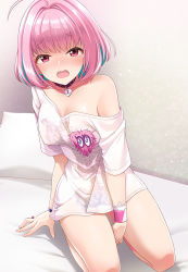 Rule 34 | 1girl, ahoge, arm support, bangle, bed, bed sheet, between legs, blue hair, blush, bracelet, breasts, cleavage, collar, fang, gluteal fold, gradient background, grey background, hair intakes, hand between legs, heart, heart-shaped lock, heart on chest, highres, idolmaster, idolmaster cinderella girls, indoors, jewelry, large breasts, leaning forward, leaning to the side, looking at viewer, mk (mod0), multicolored hair, no bra, nose blush, off-shoulder shirt, off shoulder, on bed, open mouth, pillow, pink eyes, pink hair, pink wristband, purple collar, raised eyebrows, ring, seiza, shirt, short hair, short sleeves, single bare shoulder, sitting, skeleton print, solo, spread legs, t-shirt, tearing up, thighs, tongue, two-tone hair, white background, white shirt, yumemi riamu