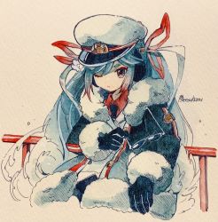 Rule 34 | 1girl, black coat, black gloves, black necktie, blue eyes, blue hair, buttons, coat, commentary, cropped torso, colored tips, double-breasted, unworn eyewear, fur-trimmed coat, fur trim, gloves, hair ribbon, hamudetsu, handrail, hat, hatsune miku, highres, holding, holding removed eyewear, jacket, leaning back, long hair, multicolored hair, necktie, one eye closed, parted lips, peaked cap, red ribbon, red shirt, ribbon, sailor, shirt, signature, solo, traditional media, twintails, upper body, very long hair, vocaloid, wavy hair, white hair, white jacket, yuki miku, yuki miku (2022)