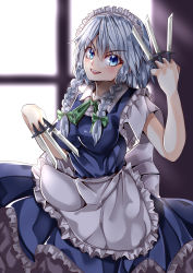 Rule 34 | 1girl, absurdres, apron, backlighting, between fingers, blouse, blue eyes, blue hair, blue skirt, blue vest, braid, collared shirt, commentary request, cowboy shot, frilled apron, frilled skirt, frilled vest, frills, green neckerchief, head tilt, highres, holding, holding knife, indoors, izayoi sakuya, knife, knives between fingers, looking at viewer, mahoro (minase mahoro), maid headdress, medium hair, neckerchief, open mouth, shirt, short sleeves, skirt, skirt set, solo, teeth, touhou, twin braids, upper teeth only, v-shaped eyebrows, vest, waist apron, white apron, white shirt, window
