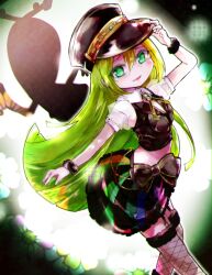 Rule 34 | 1girl, alina gray, black bow, black hat, black vest, blonde hair, blunt ends, bow, chain, collar, detached collar, doppel (madoka magica), fishnet thighhighs, fishnets, fur cuffs, fur trim, gem, green eyes, green gemstone, green hair, hair between eyes, hat, karaage (torikkk), long hair, looking at viewer, magia record: mahou shoujo madoka magica gaiden, magical girl, mahou shoujo madoka magica, multicolored clothes, multicolored hair, multicolored skirt, old dorothy, open mouth, peaked cap, pleated skirt, puffy short sleeves, puffy sleeves, short sleeves, sidelocks, silhouette, skirt, smile, solo, streaked hair, striped clothes, striped skirt, thighhighs, vertical-striped clothes, vertical-striped skirt, vest, waist bow, white collar