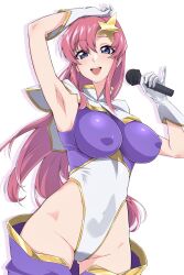 Rule 34 | armpits, blue eyes, breasts, collar, covered erect nipples, covered navel, gloves, gluteal fold, gold trim, gundam, gundam seed, gundam seed destiny, hair ornament, highleg, highleg leotard, highres, holding, holding microphone, impossible clothes, impossible leotard, leotard, long hair, medium breasts, meer campbell, microphone, miso melon, multicolored leotard, open mouth, pink hair, purple leotard, simple background, smile, star (symbol), star hair ornament, teeth, thong leotard, upper body, upper teeth only, white background, white collar, white gloves, white leotard