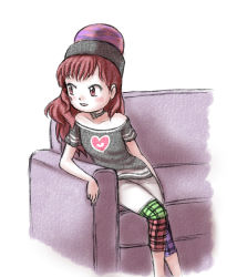 Rule 34 | 1girl, adapted costume, bare shoulders, blush stickers, capri pants, choker, couch, hecatia lapislazuli, kamekichi27, long hair, looking to the side, open mouth, pants, red eyes, red hair, shirt, short sleeves, shorts, simple background, sitting, smile, solo, touhou, white background, zun (style)