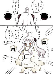 Rule 34 | 10s, 1girl, abyssal ship, ahoge, alternate costume, brown eyes, comic, horns, kantai collection, long hair, meme attire, mittens, navel, northern ocean princess, open-chest sweater, roshiakouji-chan, solo, sweater, translation request, wardrobe error, you&#039;re doing it wrong