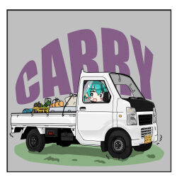 Rule 34 | 1girl, aqua hair, blush stickers, car, chibi, commentary, dora (dr3032), grey background, hatsune miku, highres, looking at viewer, motor vehicle, open mouth, pickup truck, shadow, solo, suzuki carry, truck, vehicle focus, vocaloid, white car
