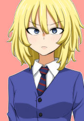 Rule 34 | 1girl, bc freedom school uniform, blonde hair, blue cardigan, blue necktie, cardigan, closed mouth, commentary, diagonal-striped clothes, diagonal-striped necktie, diagonal-striped neckwear, dress shirt, frown, girls und panzer, highres, long sleeves, looking at viewer, medium hair, messy hair, natsume mina, necktie, oshida (girls und panzer), outline, pink background, red necktie, school uniform, shirt, simple background, solo, striped clothes, striped necktie, striped neckwear, upper body, white outline, white shirt, wing collar