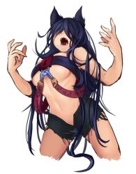 Rule 34 | 1girl, animal ears, arms up, bare pectorals, black bra, black hair, black shorts, bra, breasts, covered eyes, fangs, hair over eyes, keyhole, keyhole bra, large breasts, long hair, messy hair, navel, no legs, no nose, open clothes, open mouth, open shorts, original, pectorals, sakura inu, sharp teeth, shorts, simple background, solo, tagme, teeth, torn clothes, underwear, very long hair, white background
