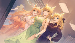 Rule 34 | !, 3girls, :d, alternate costume, animal ear fluff, animal ears, arknights, aunt and niece, black dress, black ribbon, blemishine (arknights), blonde hair, blue eyes, breasts, cleavage, clothes hanger, commentary, dress, dutch angle, gogatsu fukuin, green dress, hair ribbon, hand up, heart, highres, holding, indoors, large breasts, long hair, multiple girls, nearl (arknights), open mouth, ribbon, siblings, sisters, sleeveless, sleeveless dress, smile, very long hair, whislash (arknights), white dress, yellow eyes