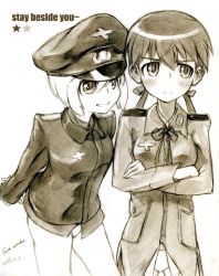 Rule 34 | 00s, 2girls, bad id, bad pixiv id, blush, erica hartmann, gertrud barkhorn, highres, kisetsu, monochrome, multiple girls, sepia, sketch, strike witches, traditional media, world witches series