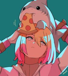 Rule 34 | 1girl, animal, animal on head, animification, artist name, blonde hair, bodysuit, closed mouth, collarbone, eating, food, green background, gwenpool, highres, holding, holding animal, hood, hoodie, jeff (marvel), looking up, marvel, multicolored hair, on head, pink hair, pizza, shark, short hair, sushi pizza rrr, two-tone hair, upper body, white bodysuit