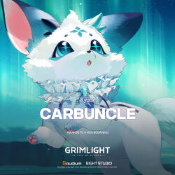 Rule 34 | animal focus, blue eyes, carbuncle (grimlight), commentary, english commentary, english text, grimlight, official art, open mouth, pawpads, solo, symbol-shaped pupils, white fur