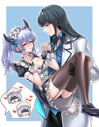 Rule 34 | 4girls, apron, black dress, black footwear, black gloves, black hair, black panties, black thighhighs, blindfold, blue background, blue bow, blue ribbon, blue shirt, blush, bow, breasts, carrying, cleavage, closed eyes, coat, commentary request, commission, dogs (dlrkdejr26), dress, earpiece, fake horns, female professor (neural cloud), girls&#039; frontline, girls&#039; frontline neural cloud, gloves, grey hair, hands up, heart, highres, horns, inset border, korean commentary, lab coat, long hair, looking at another, maid headdress, multiple girls, official alternate costume, open mouth, panties, parted lips, princess carry, professor (neural cloud), purple hair, ribbon, shirt, shoes, simple background, smile, speech bubble, sweatdrop, thighhighs, twintails, two-tone background, underwear, undine (clumsy band&#039;s maid service) (neural cloud), undine (neural cloud), white apron, white background, white coat, white headdress, wrist cuffs
