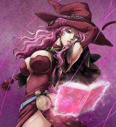 Rule 34 | 1boy, 1girl, black clover, breasts, choker, cleavage, cleavage cutout, clothing cutout, female focus, gloves, hat, huge breasts, large breasts, looking at viewer, miniskirt, no bra, official art, pink hair, purple eyes, skirt, thighs, vanessa enoteca, wavy hair, witch, witch hat