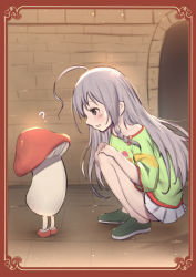 Rule 34 | 1girl, ?, bare shoulders, black footwear, blush, collarbone, commentary request, from side, green shirt, grey eyes, grey hair, hair between eyes, highres, hoshi syoko, idolmaster, idolmaster cinderella girls, indoors, loafers, long hair, mushroom, off shoulder, parted lips, pleated skirt, profile, shirt, shoes, skirt, smile, solo, squatting, uneg, very long hair, white skirt
