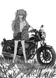 Rule 34 | 1girl, 7ben9i, absurdres, closed mouth, full body, grass, greyscale, hair between eyes, hand on own neck, highres, jacket, legs apart, long hair, long sleeves, looking to the side, monochrome, motor vehicle, motorcycle, neon genesis evangelion, off shoulder, open clothes, open jacket, overgrown, shadow, shirt, shoes, shorts, sideways glance, smile, sneakers, socks, solo, souryuu asuka langley, standing, tile floor, tiles, two side up