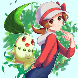 Rule 34 | 1girl, arm behind back, blue overalls, blush, bow, brown eyes, brown hair, cabbie hat, chikorita, closed mouth, commentary, creatures (company), delta nonbiri, eyelashes, falling leaves, game freak, gen 2 pokemon, hand up, hat, hat bow, index finger raised, leaf, long hair, lyra (pokemon), nintendo, outline, overalls, pokemon, pokemon (creature), pokemon hgss, red bow, red shirt, shirt, smile, twintails, white headwear
