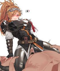 Rule 34 | 1boy, 1girl, arm support, armor, belt, black gloves, black shirt, blue eyes, blush, breastplate, breasts, censored, clothed female nude male, clothed sex, cowgirl position, dungeon and fighter, female gunner (dungeon and fighter), fingerless gloves, girl on top, gloves, goggles, goggles on head, grey pants, hair over one eye, heart, hetero, high ponytail, large breasts, leaning back, long hair, mimyo, mosaic censoring, nose blush, nude, orange hair, pants, penis, ponytail, pussy, sex, shiny clothes, shirt, simple background, solo focus, spread legs, straddling, tears, thigh grab, torn clothes, torn pants, trembling, underbust, utility belt, vaginal, walkie-talkie, white background