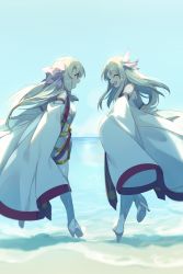 Rule 34 | 2girls, :d, ^ ^, bare shoulders, blonde hair, blue sky, boots, bow, closed eyes, coat, commentary, dress, echo (circa), closed eyes, fate/grand order, fate/kaleid liner prisma illya, fate (series), feather hair ornament, feathers, hair bow, high heel boots, high heels, illyasviel von einzbern, long hair, multiple girls, ocean, open mouth, outdoors, pink bow, pink feathers, prisma illya, red eyes, sand, sitonai (fate), sky, smile, thigh boots, thighhighs, very long hair, white coat, white dress, white footwear