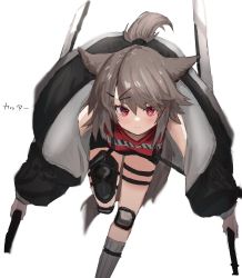 Rule 34 | 1girl, animal ears, arknights, black jacket, blush, brown hair, character name, commentary request, cutter (arknights), dual wielding, expressionless, hair ornament, hairclip, highres, holding, holding sword, holding weapon, horn/wood, jacket, knee pads, looking at viewer, off shoulder, open clothes, open jacket, red eyes, red shirt, running, shirt, simple background, sleeveless, sleeveless shirt, solo, sword, translation request, weapon, white background