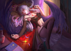 Rule 34 | 1girl, alcohol, bad id, bad pixiv id, bow, choker, crown, cup, detached sleeves, drinking glass, feathers, garter straps, hei e-, high heels, jewelry, light purple hair, lipstick, lying, makeup, navel, necklace, on back, parted lips, red eyes, red lips, solo, thighhighs, wine, wings