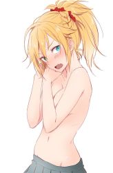 Rule 34 | 1girl, blonde hair, breasts, cleavage, covering privates, covering breasts, cowboy shot, embarrassed, fate/apocrypha, fate (series), green eyes, groin, hair between eyes, medium breasts, mordred (fate), mordred (fate/apocrypha), navel, partially undressed, ponytail, red scrunchie, scrunchie, sketch, skirt, solo, teti, topless, white background