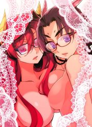 Rule 34 | 10s, 2girls, asymmetrical docking, bespectacled, black hair, blue-framed eyewear, breast press, breasts, convenient censoring, dragon horns, glasses, hair between eyes, hair censor, hair over breasts, highres, hipster, horns, ishida akira, karyuu koujo, lace, large breasts, long hair, looking at viewer, maou (maoyuu), maoyuu maou yuusha, multiple girls, nude, official art, open mouth, parted bangs, pink eyes, promotional art, purple eyes, red-framed eyewear, red hair, sidelocks, small breasts, yuri