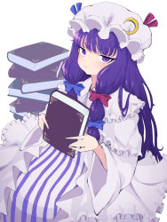 Rule 34 | 1girl, absurdres, blue bow, blue ribbon, book, book stack, bow, capelet, commentary request, crescent, crescent hat ornament, dress, frilled capelet, frills, hair bow, hat, hat ornament, hat ribbon, highres, holding, holding book, long hair, looking at viewer, mob cap, mugi (mugimugi 9kv), patchouli knowledge, purple eyes, purple hair, red bow, red ribbon, ribbon, robe, simple background, solo, striped clothes, striped dress, touhou, very long hair, white background, wide sleeves